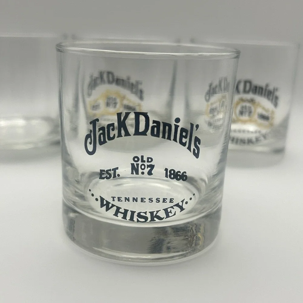 Jack Daniel's Old No. 7 Whiskey Rocks Glass Set of 4 Logo Clear Black Gold 3.5in